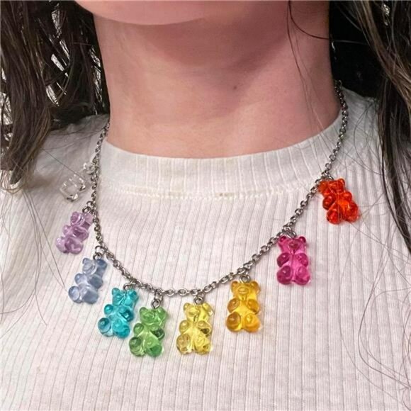 Y2K rainbow gummy bear necklace colorful bead choker jewelry gift for women - Picture 3 of 5